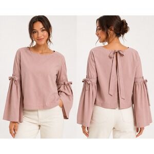 Free People Mauve Pink Bell Sleeve Tie Back Ruffle Blouse Small Romantic Boho